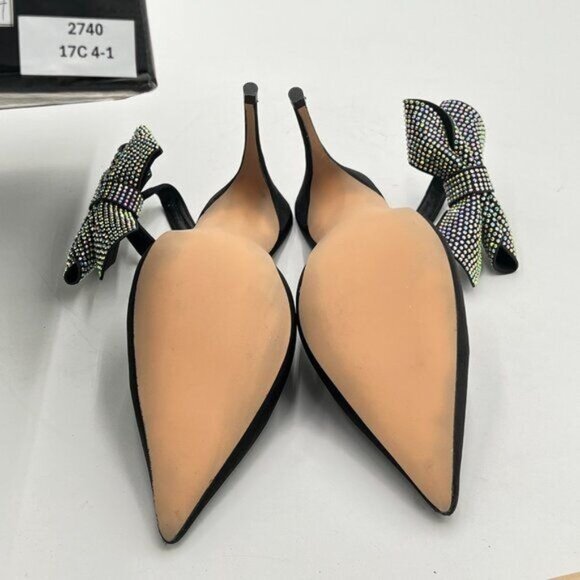 FSJ Black Pointed Toe High Heel Ankle Strap Rhinestone Bowknot Slingback Pumps - Picture 7 of 8